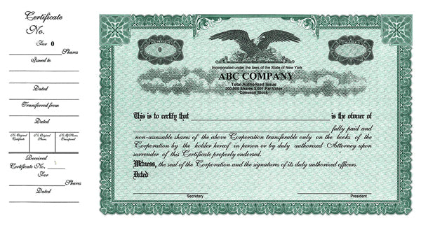CorpKit Custom Side Stub SS1 Single Class Stock Certificates