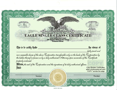 RASI (1662) Custom Stock Certificates Single Class Corporation