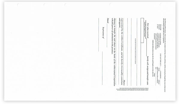 Blank Side Stub Certificates with Standard Wording on the Back SS BW2