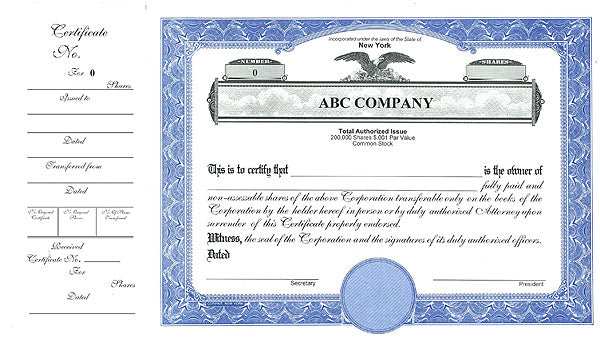 CorpKit Custom  Eagle Side Stub SS2 Single Class Stock Certificates