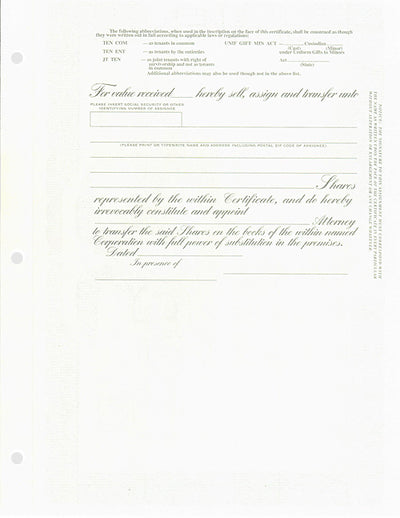 Blank Units Certificates with Standard Wording on the Back