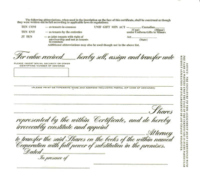RASI (1662) Custom Stock Certificates Single Class Corporation