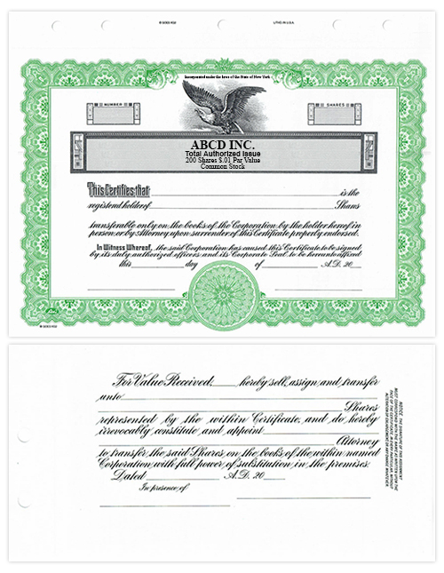 Pack of 15 HUBCO Blank Corporate Stock Certificates Green 